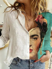 Ladies And Flower Printed Lapel Long Sleeve Shirt