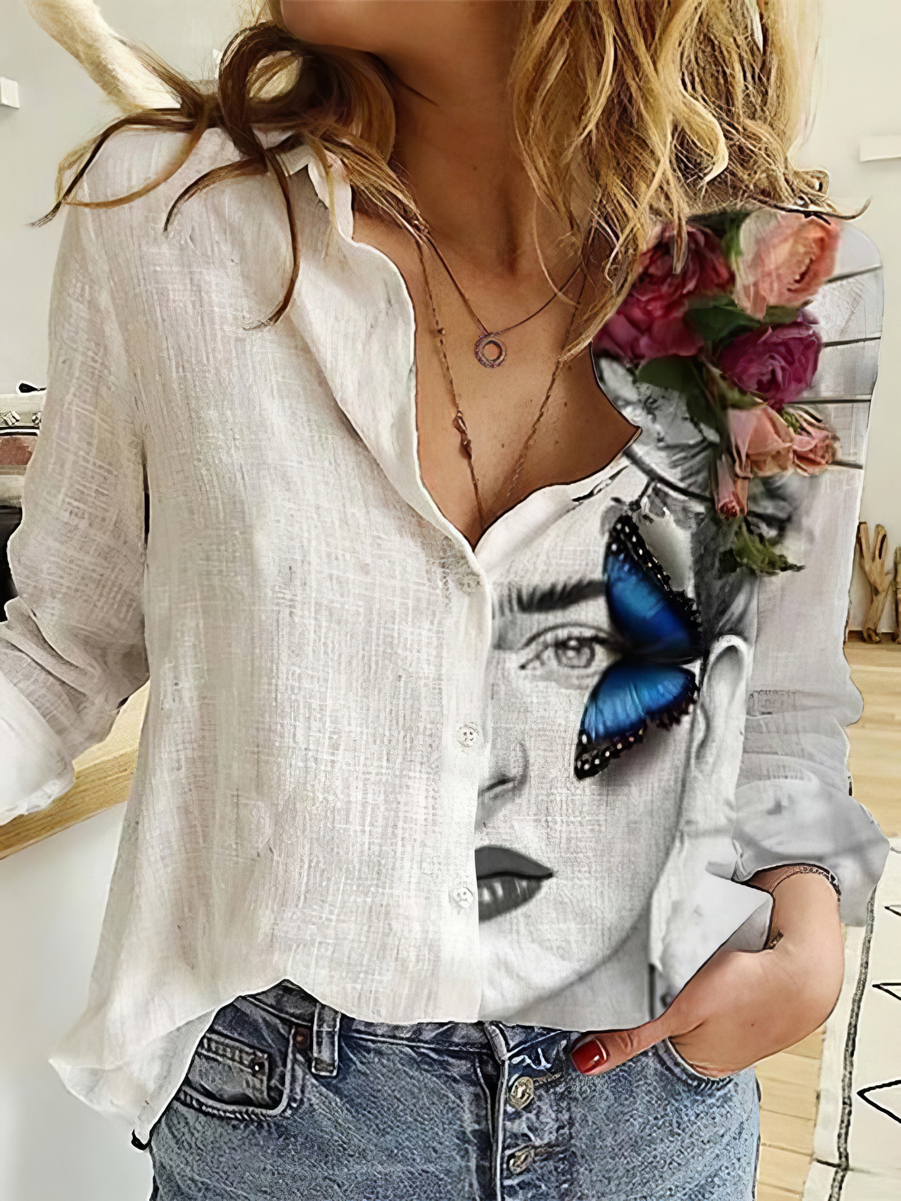 Ladies And Flower Printed Lapel Long Sleeve Shirt