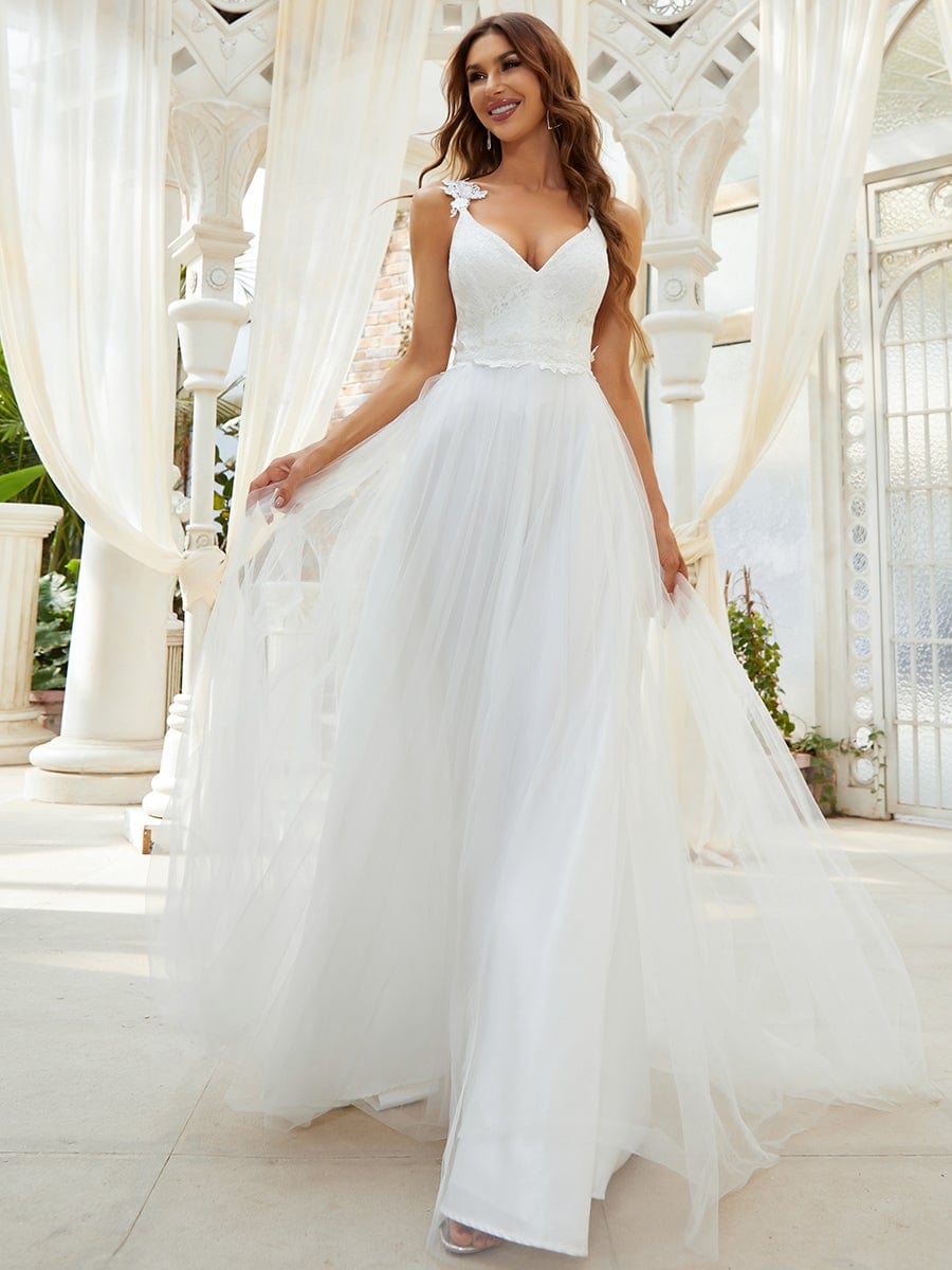 Double V Neck Lace Bodice Open Back Tulle Wedding Dress