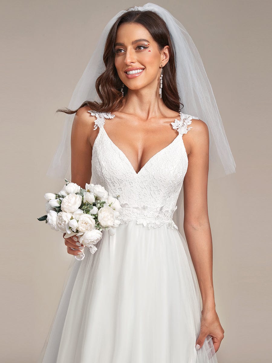 Double V Neck Lace Bodice Open Back Tulle Wedding Dress