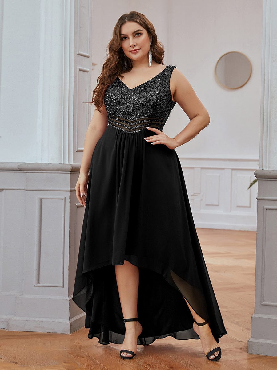 Elegant Paillette & Chiffon V-neck A-line Sleeveless Plus Size Evening Dresses