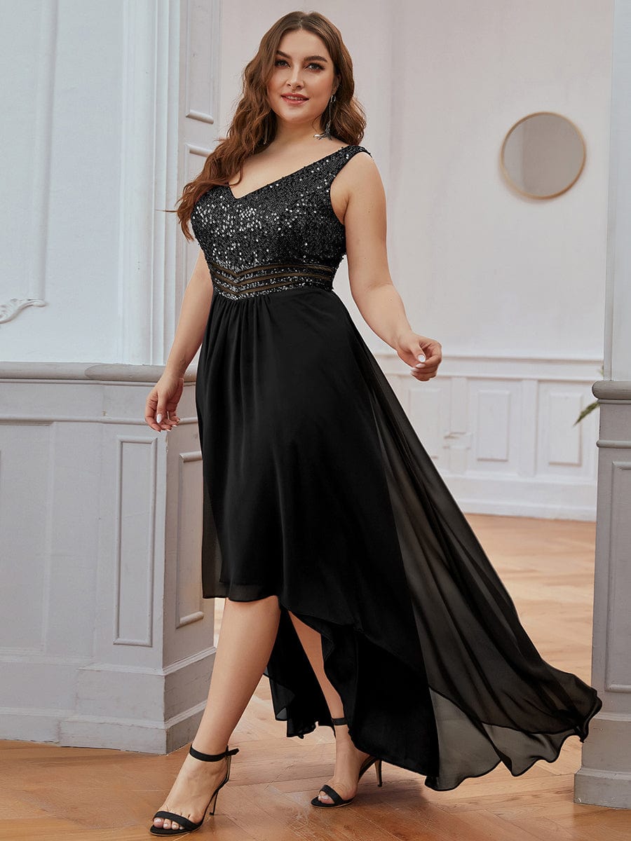 Elegant Paillette & Chiffon V-neck A-line Sleeveless Plus Size Evening Dresses