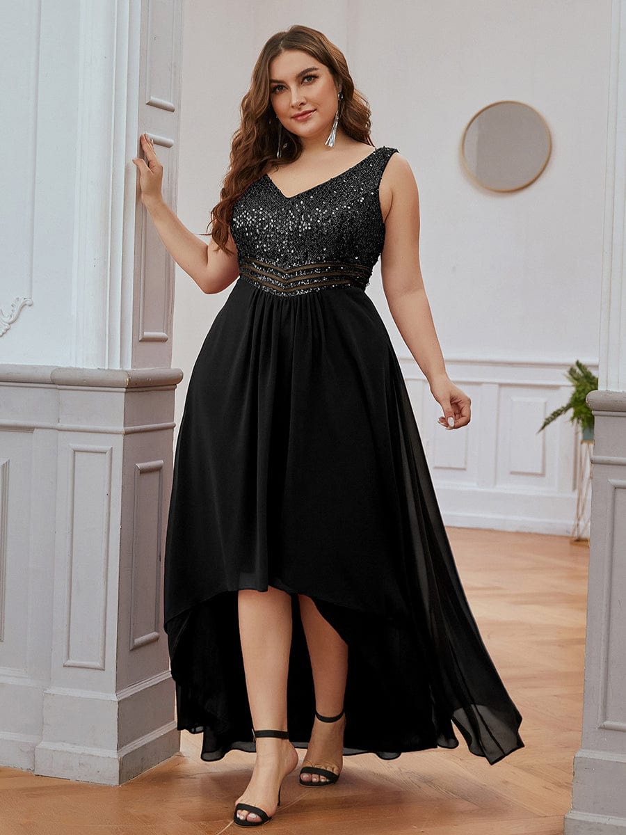 Elegant Paillette & Chiffon V-neck A-line Sleeveless Plus Size Evening Dresses