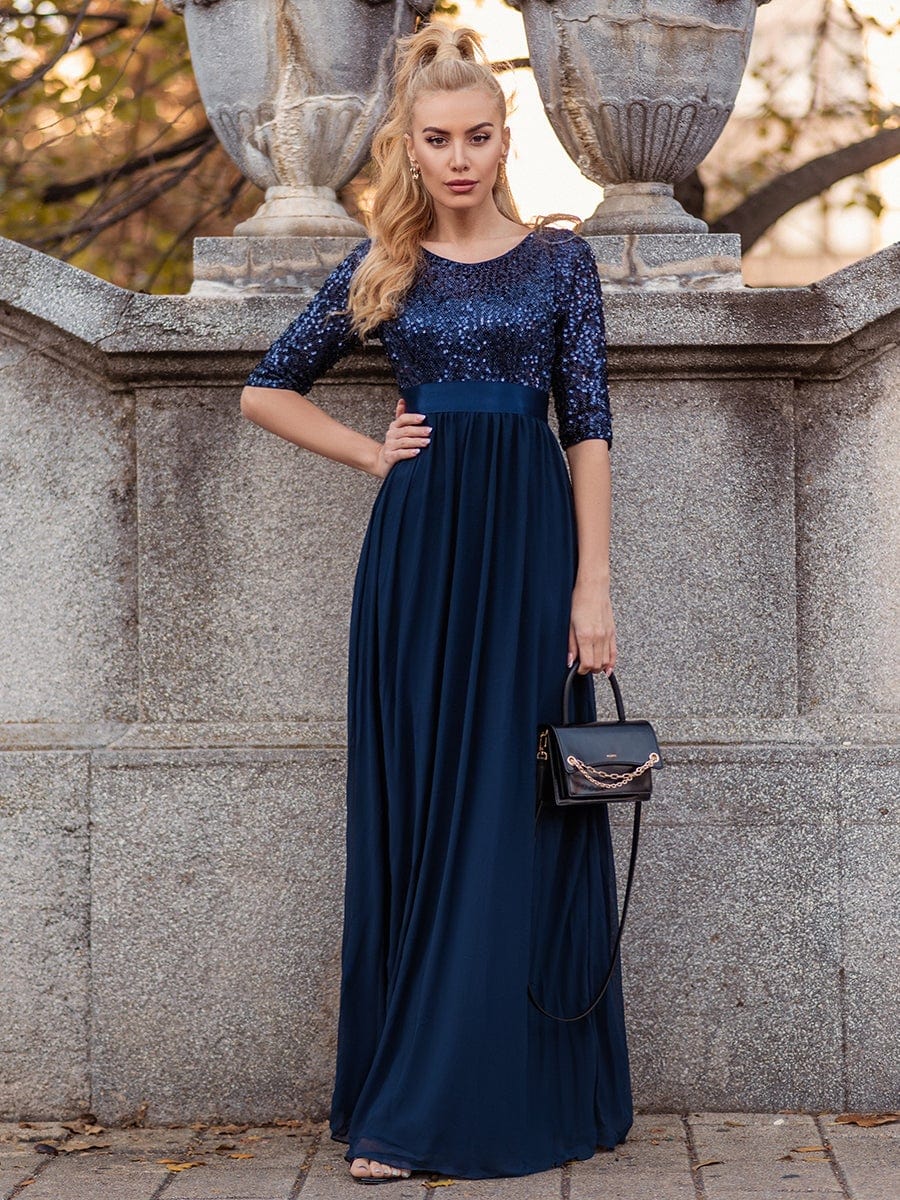 Elegant Round Neckline Long Sleeves Sequin Evening Dress