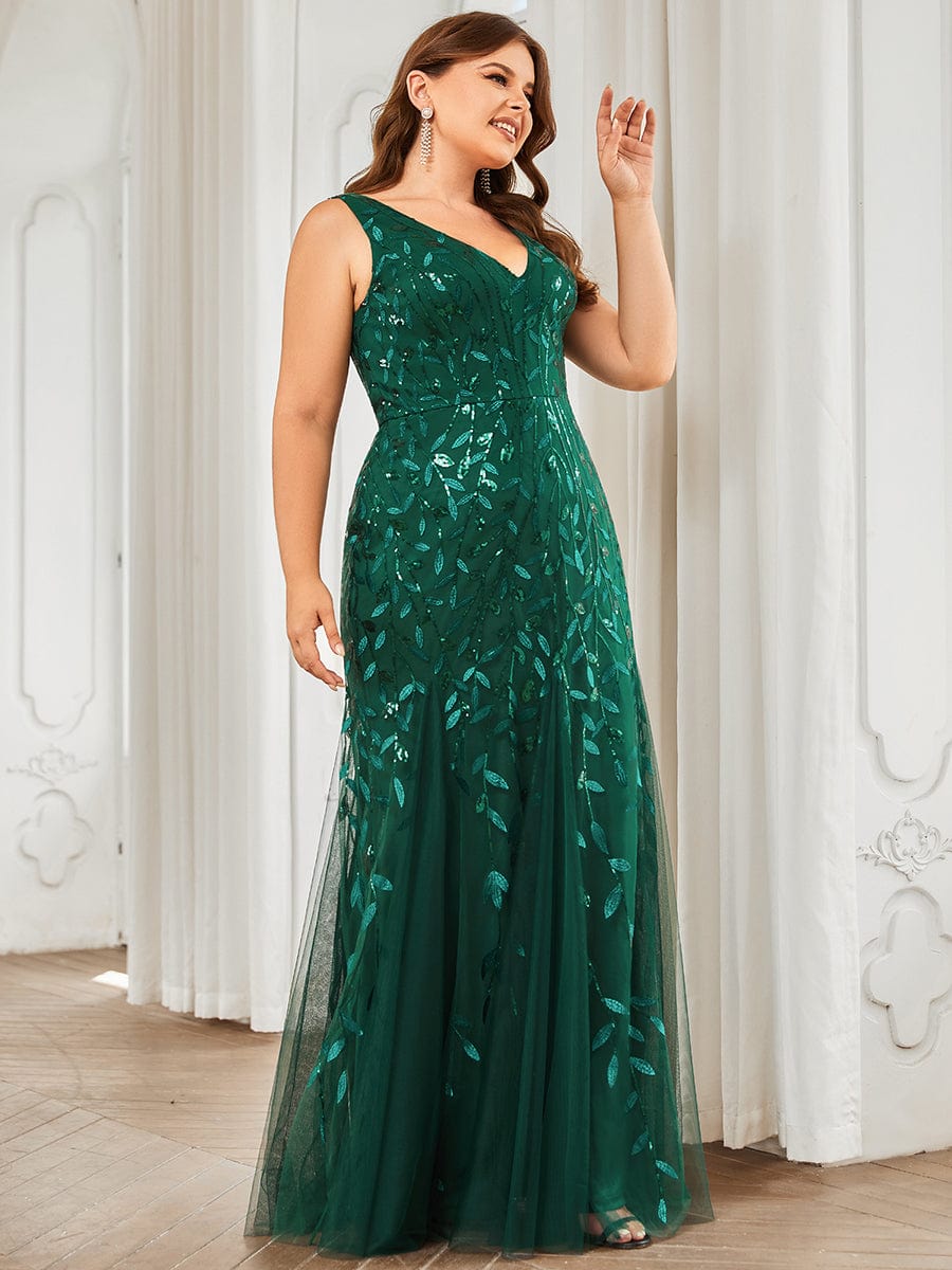 Plus Size Double V-Neck Fishtail Sequin Formal Maxi Evening Dress