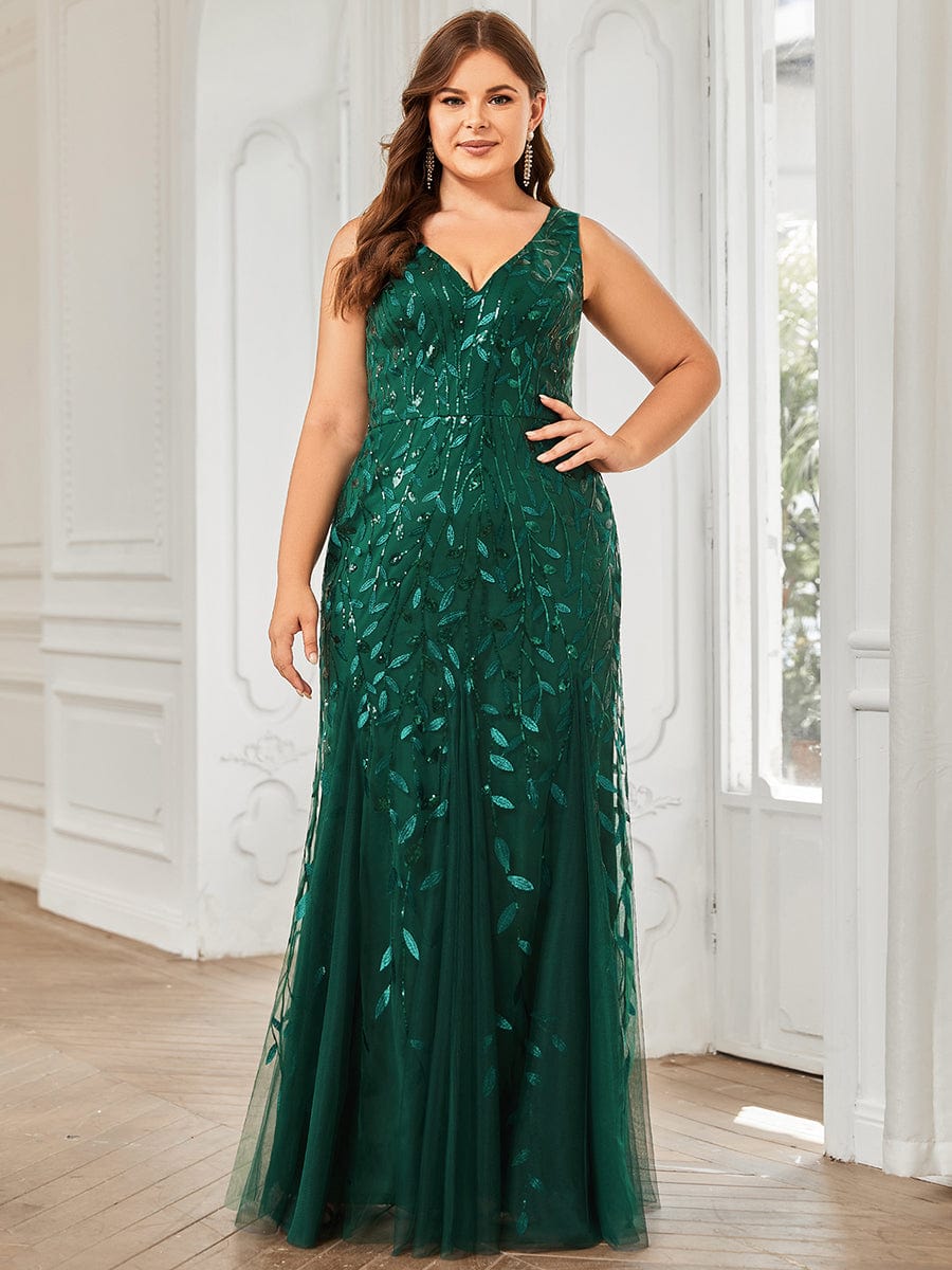 Plus Size Double V-Neck Fishtail Sequin Formal Maxi Evening Dress