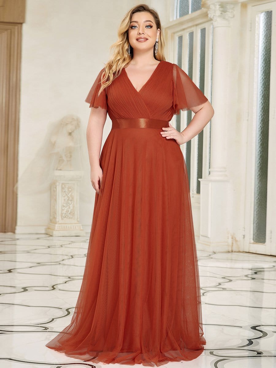 Women's Floor-Length Plus Size Formal Bridesmaid Dress with Short Sleeve