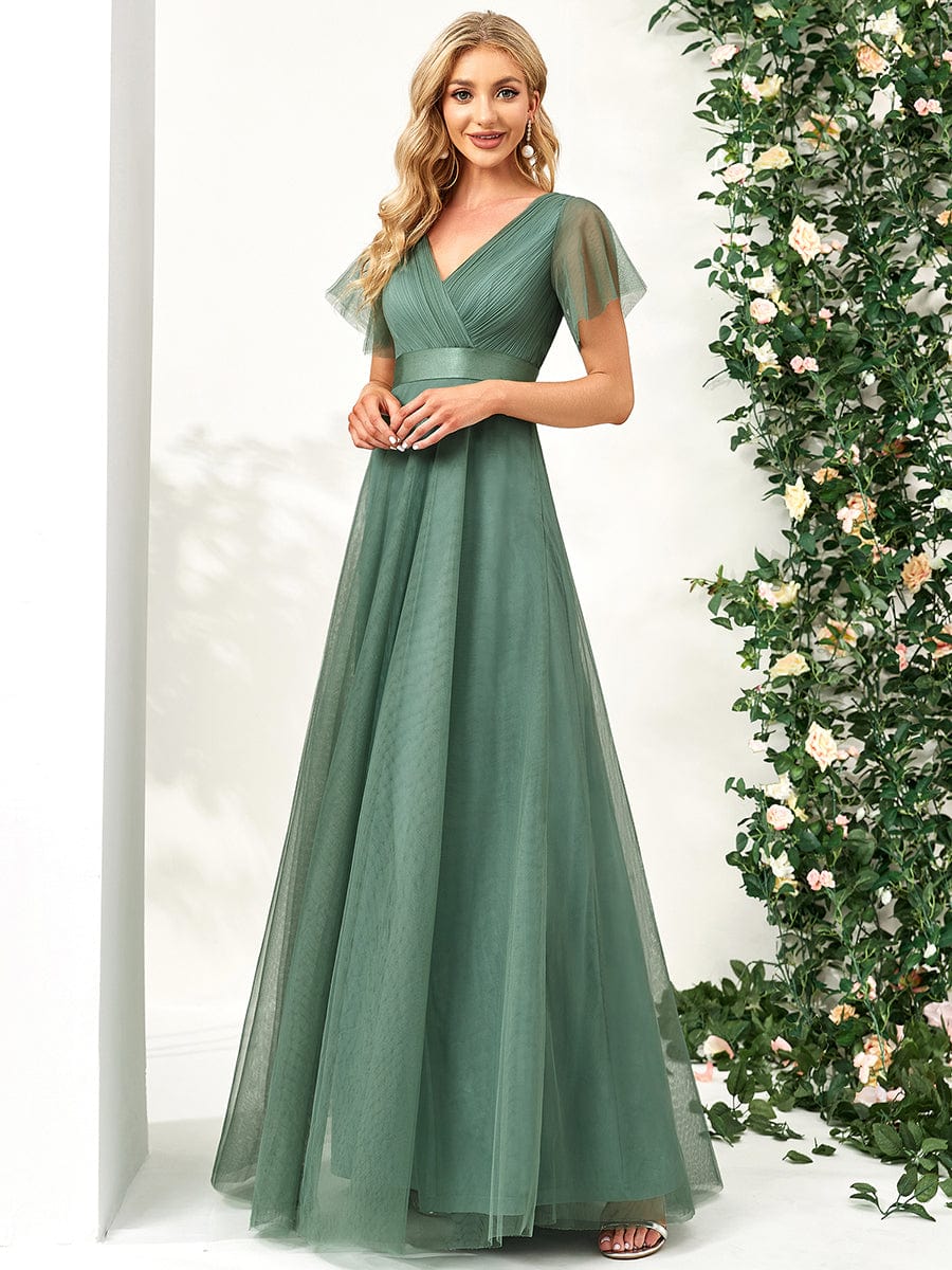 Double V-Neck Floor-Length Short Sleeve Tulle Bridesmaid Dresses