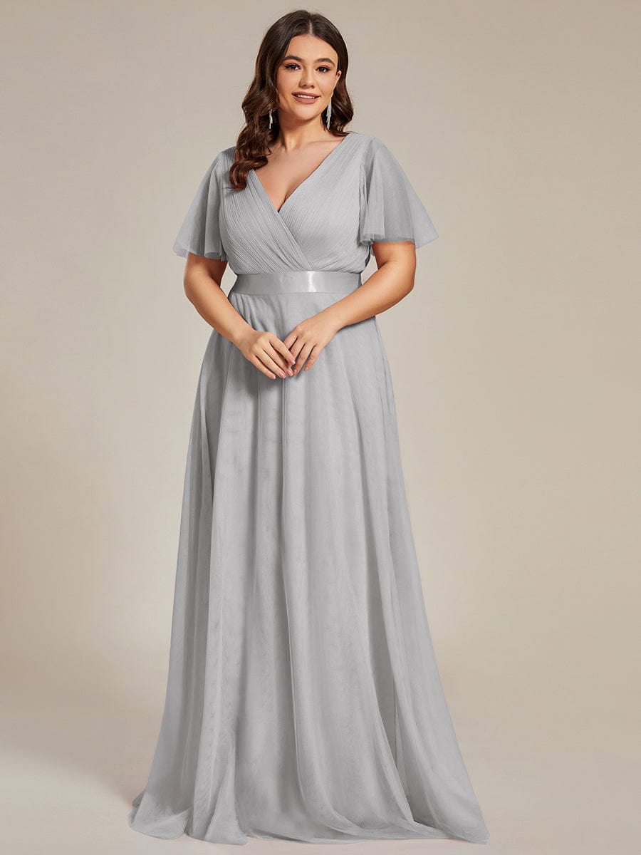 Women's Floor-Length Plus Size Formal Bridesmaid Dress with Short Sleeve