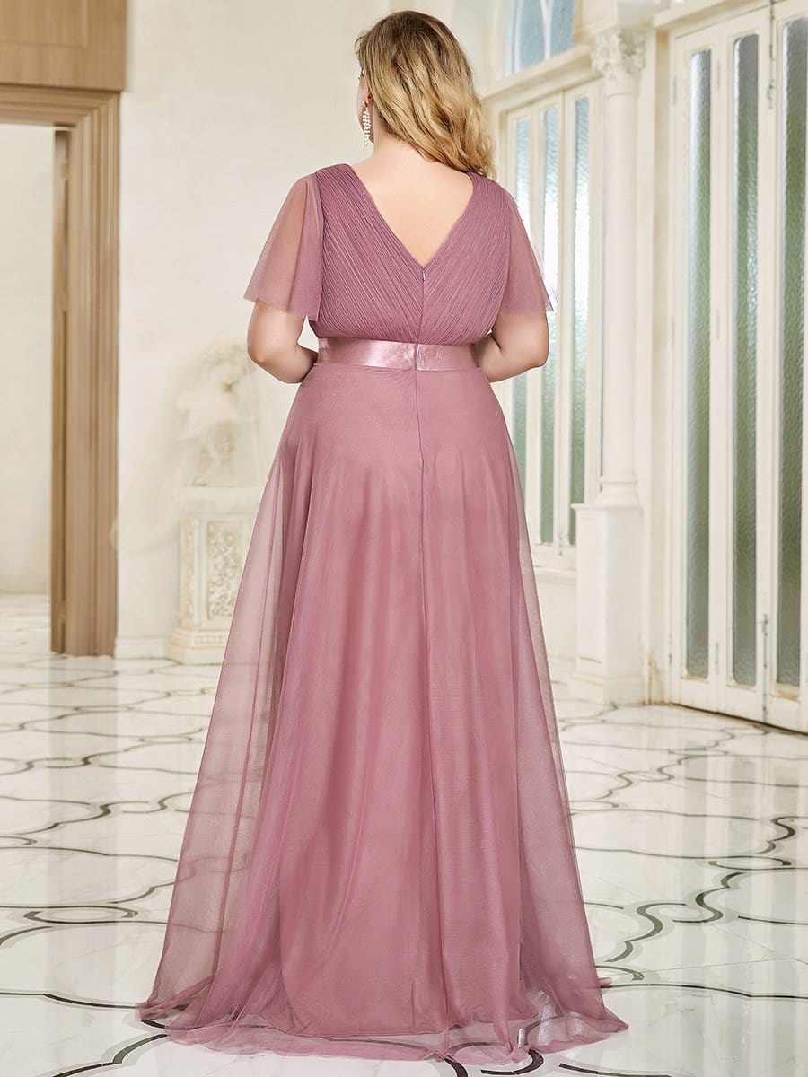 Women's Floor-Length Plus Size Formal Bridesmaid Dress with Short Sleeve