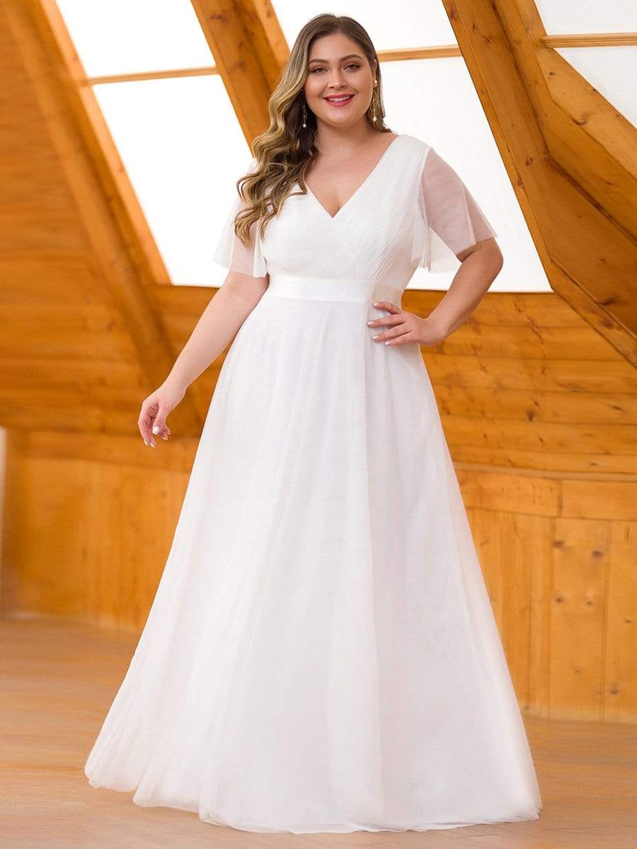 Women's Floor-Length Plus Size Formal Bridesmaid Dress with Short Sleeve