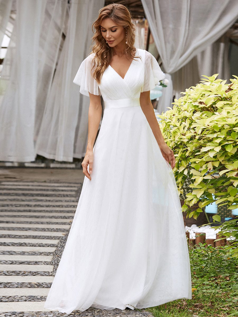 Double V-Neck Floor-Length Short Sleeve Tulle Bridesmaid Dresses