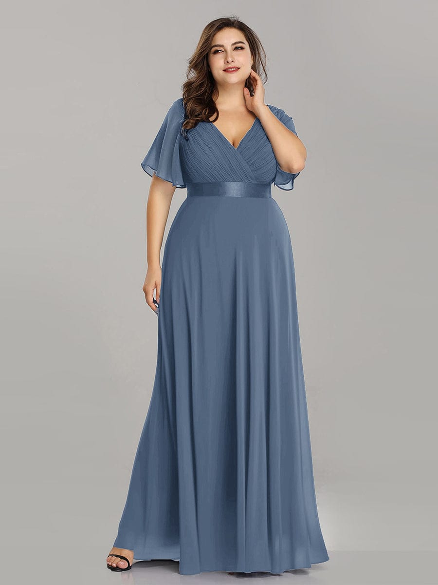 Plus Size Empire Waist V Back Bridesmaid Dress with Short Sleeves