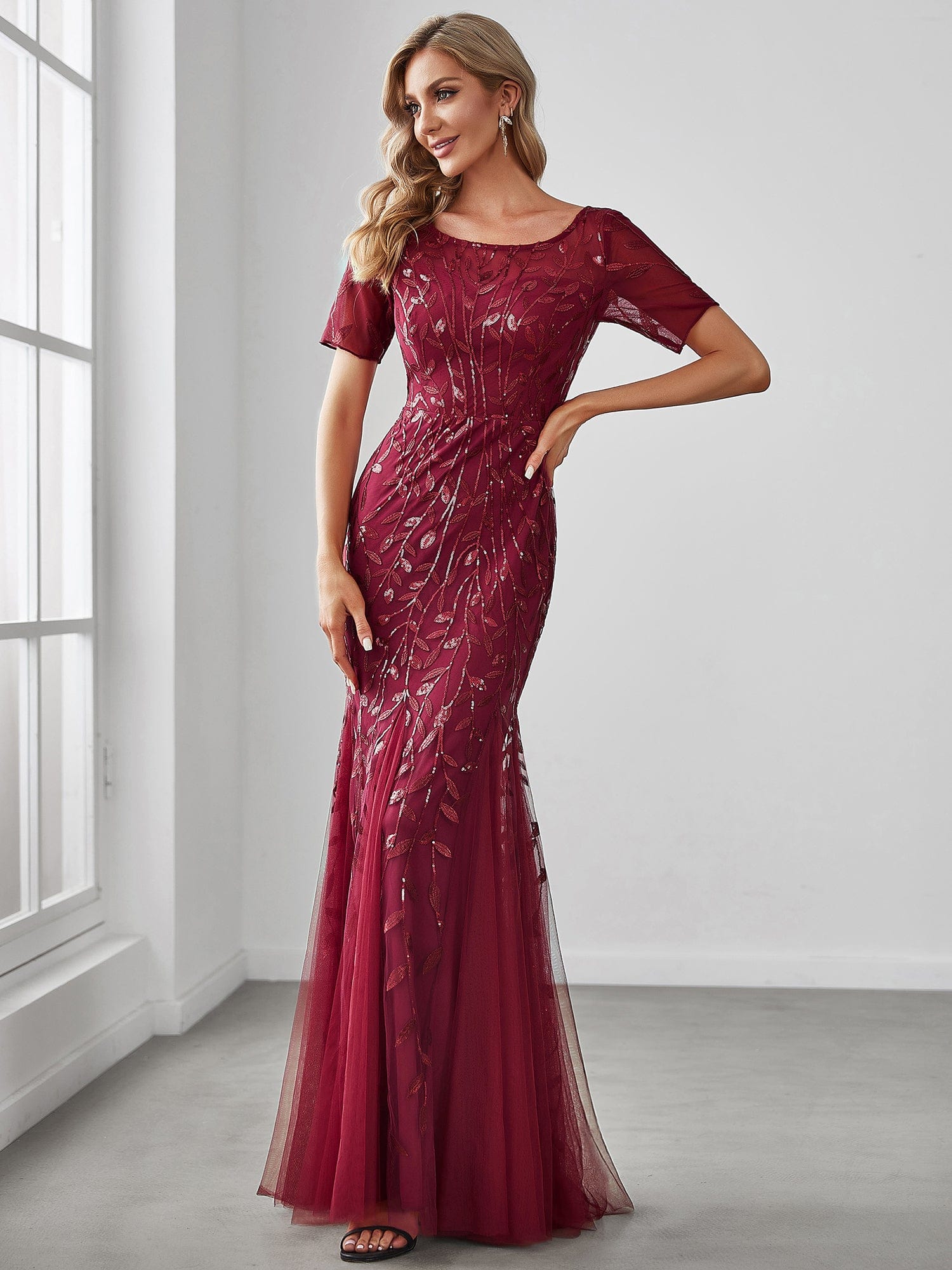 Floral Sequin Print Maxi Long Fishtail Formal Dresses With Half Sleeve