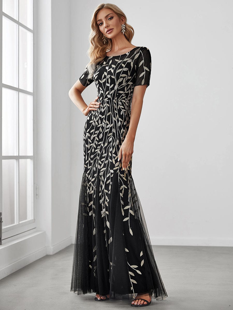 Floral Sequin Print Maxi Long Fishtail Formal Dresses With Half Sleeve