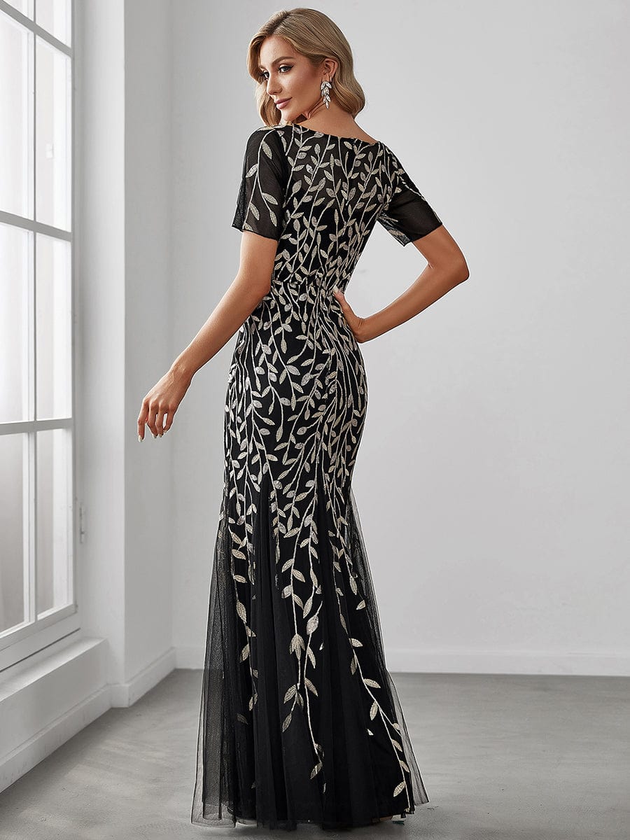 Floral Sequin Print Maxi Long Fishtail Formal Dresses With Half Sleeve