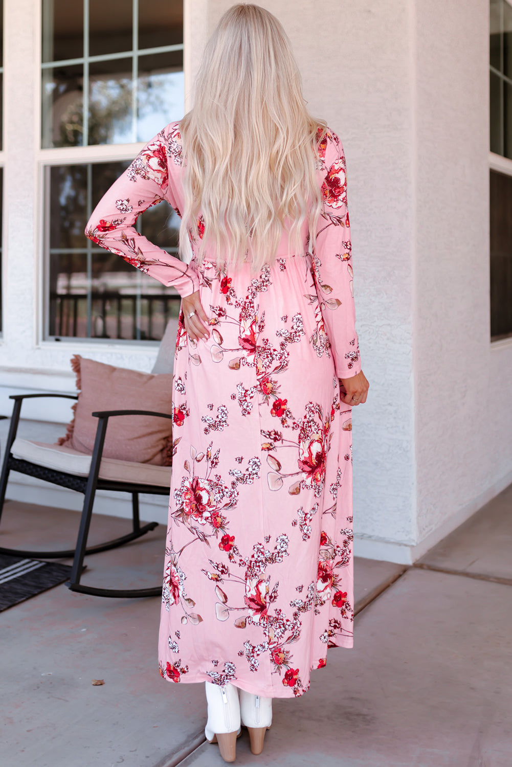 Pink  Wrapped V Neck Floral Long Sleeve Empire Maxi Dress