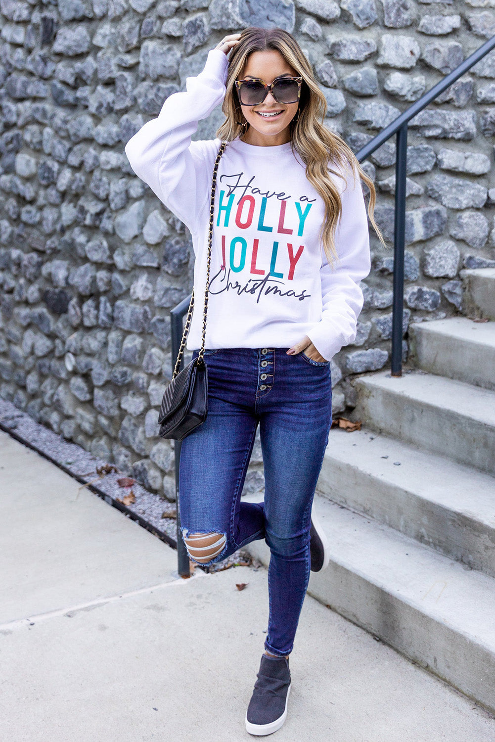 Pink Christmas Jolly Letter Print Pullover Sweatshirt