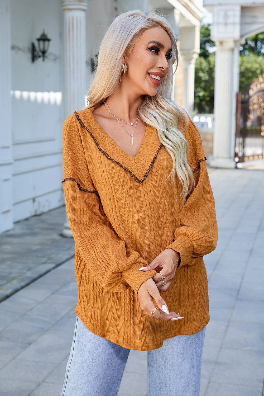 Orange Textured V Neck Long Sleeve Knit Top