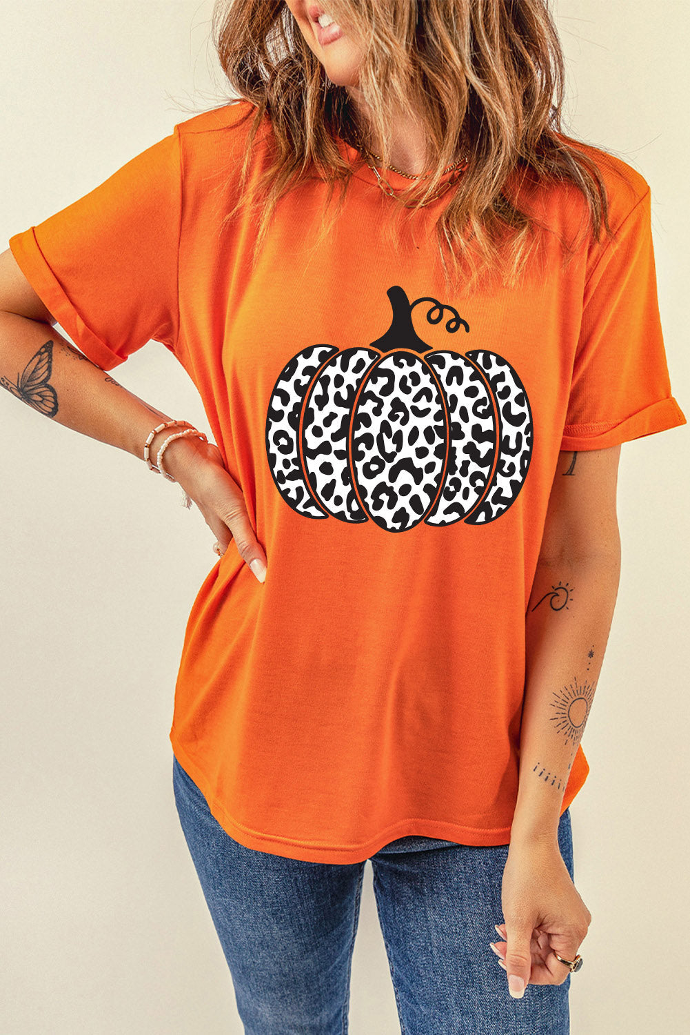 Orange Leopard Pumpkin Graphic Daily Fashion Tee