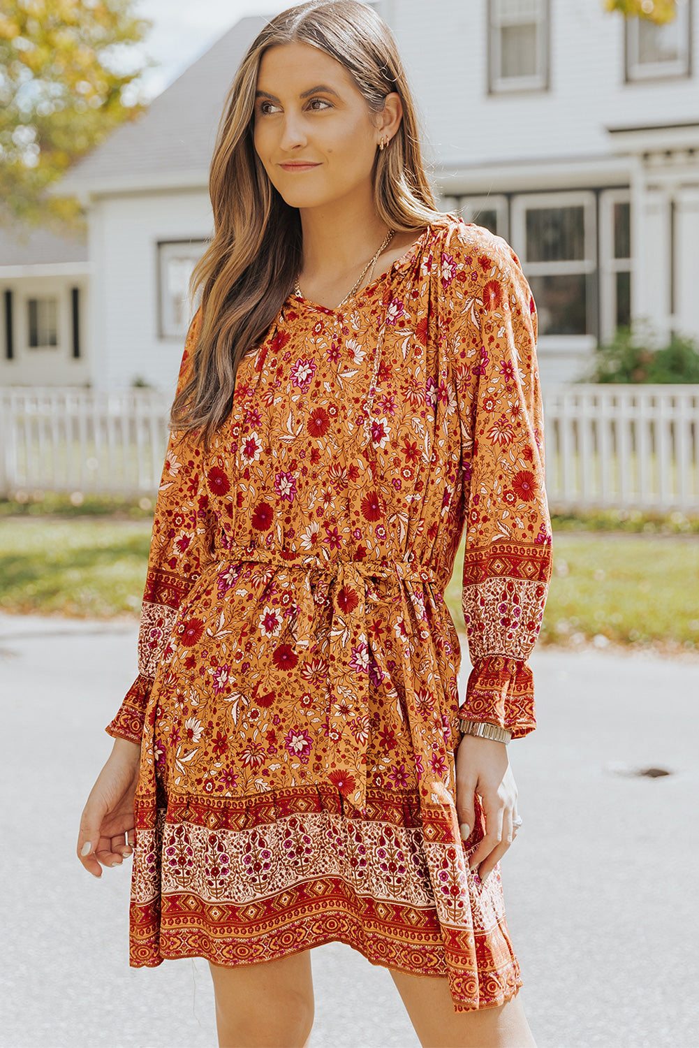 Orange Floral Print Drawstring Long Sleeve Mini Dress