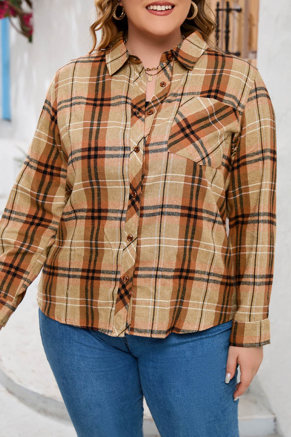 Orange Plus Size Buttons Plaid Pattern Shirt