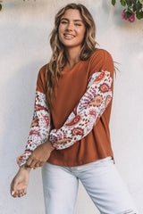 Orange Paisley Contrast Bubble Sleeve Ribbed Top