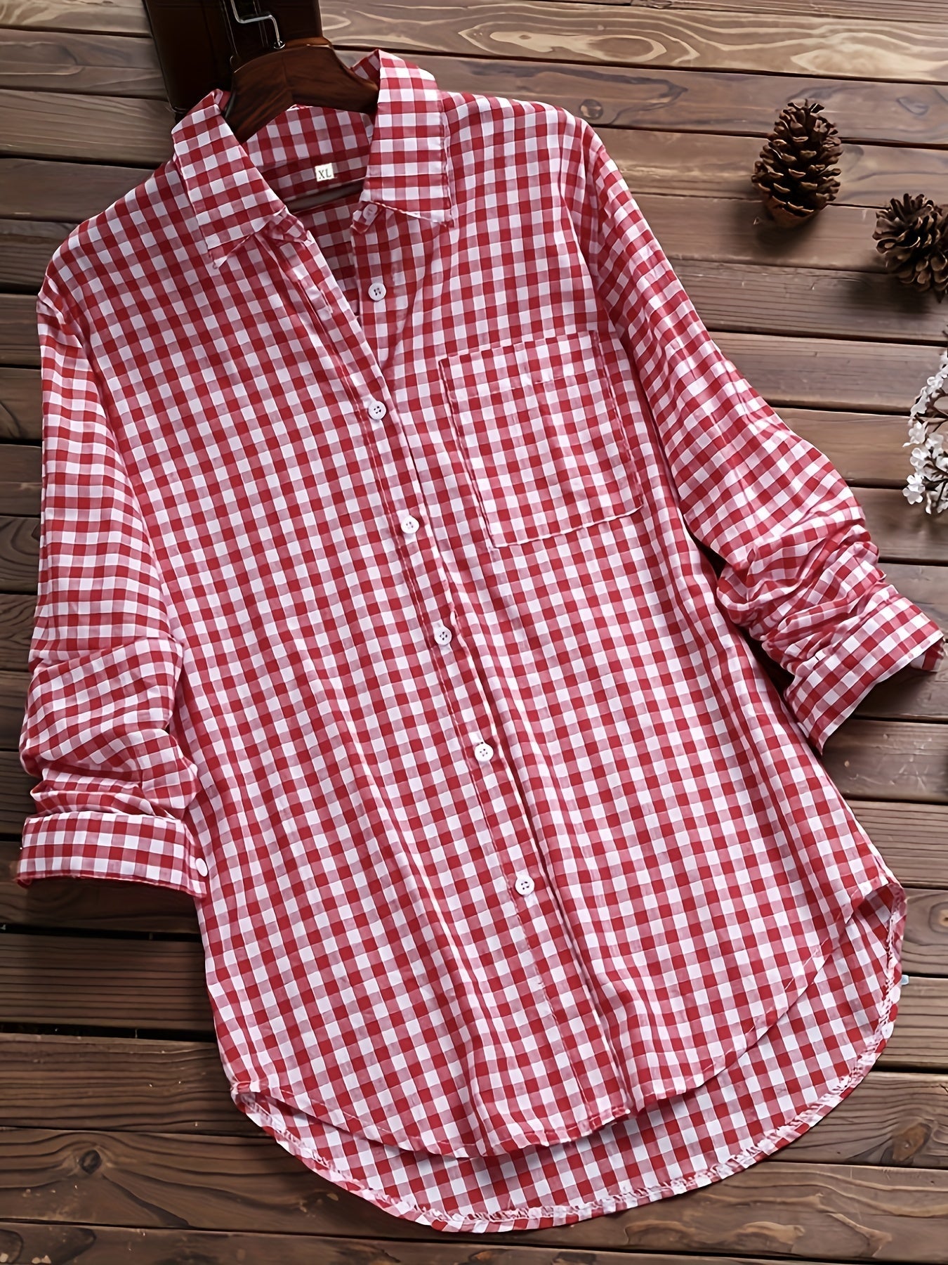 Plus Size Casual Blouse, Women's Plus Gingham Print Turn Down Collar Long Sleeve Shirt