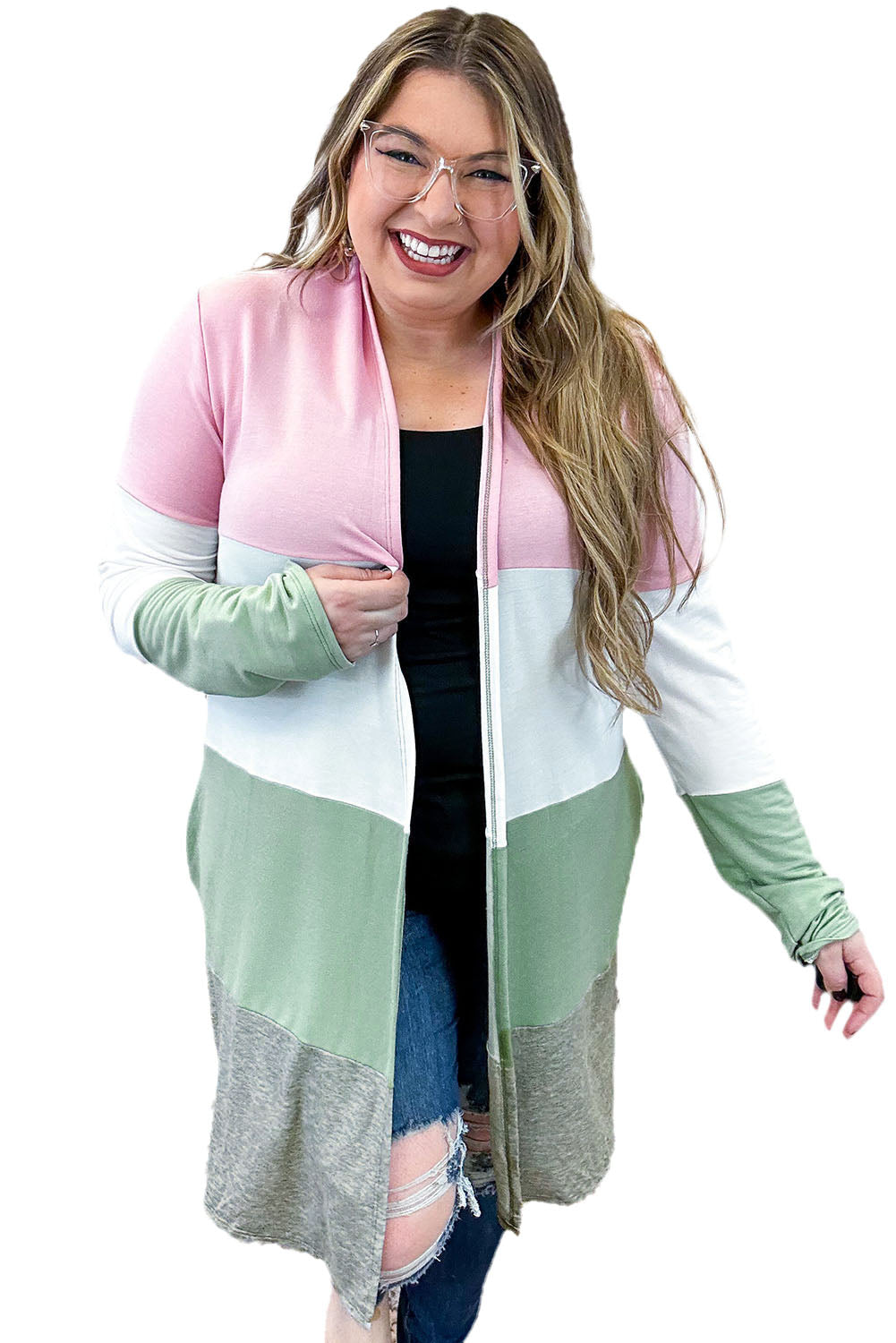 Rosa Strickjacke mit offener Vorderseite und Farbblockdesign in Übergröße