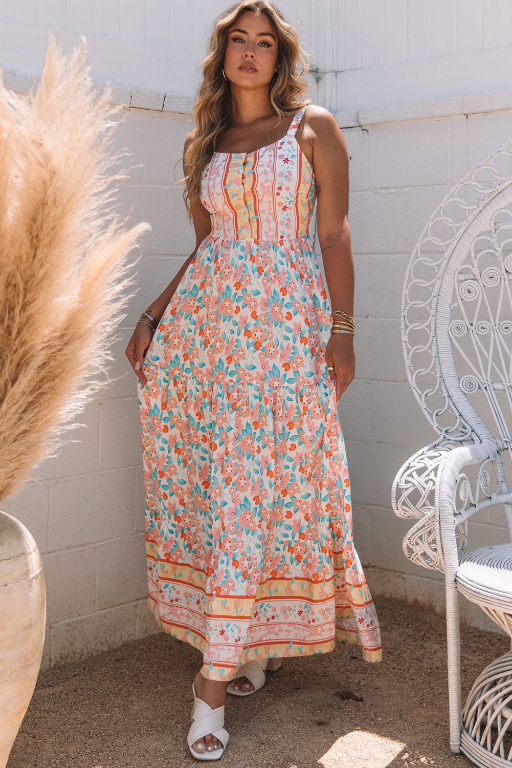 Orange Boho Floral Print Sleeveless Tiered Maxi Dress