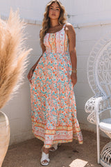 Orange Boho Floral Print Sleeveless Tiered Maxi Dress