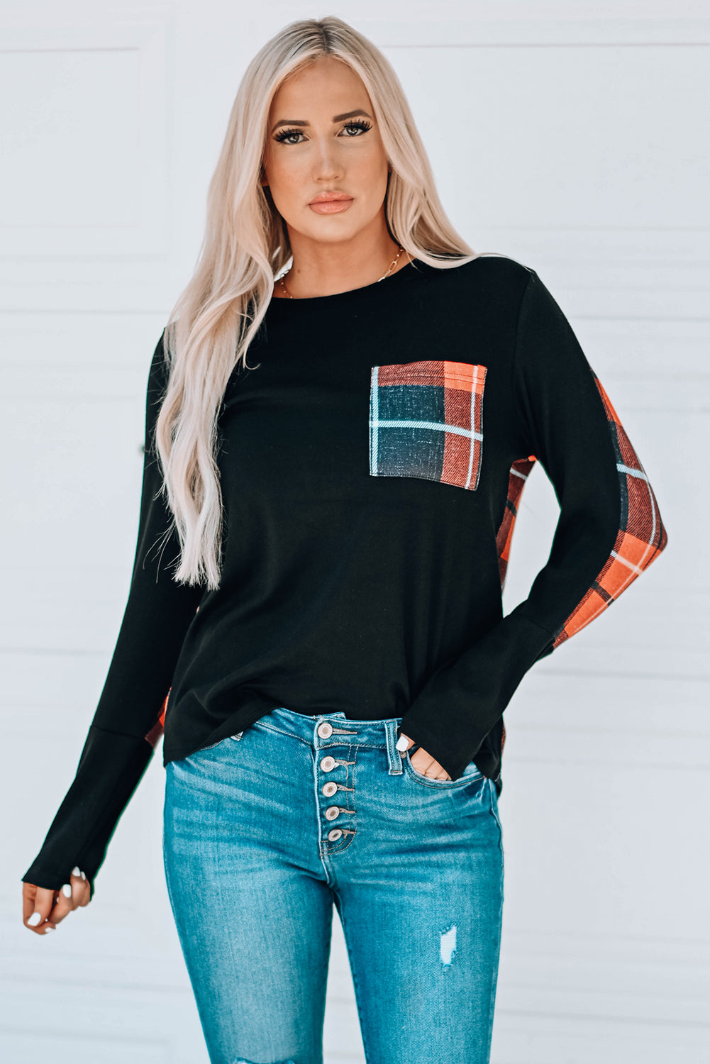 Plaid Patchwork Pocket Long Sleeve Top