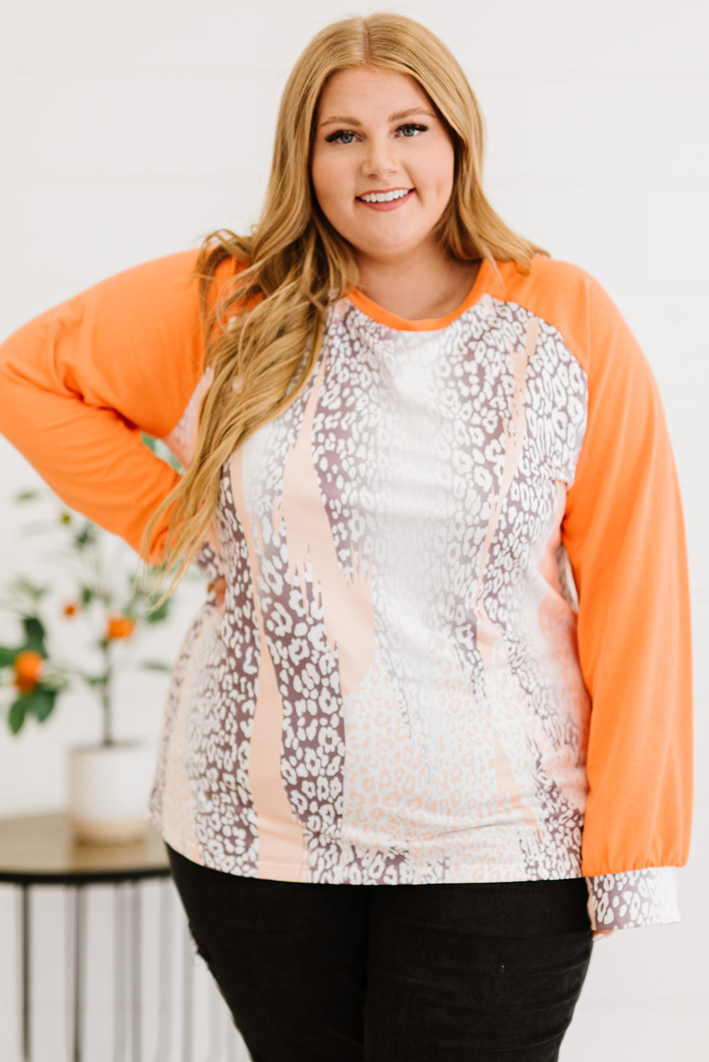 Orange Snakeskin Print Raglan Long Sleeve Plus Size Top