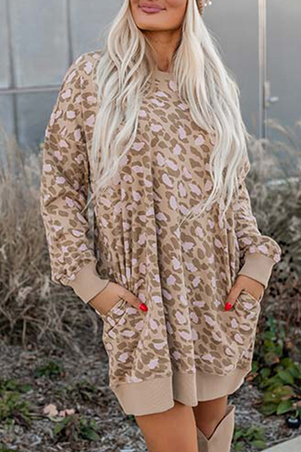 Parchment Leopard Print Side Pockets Long Sleeve Mini Dress