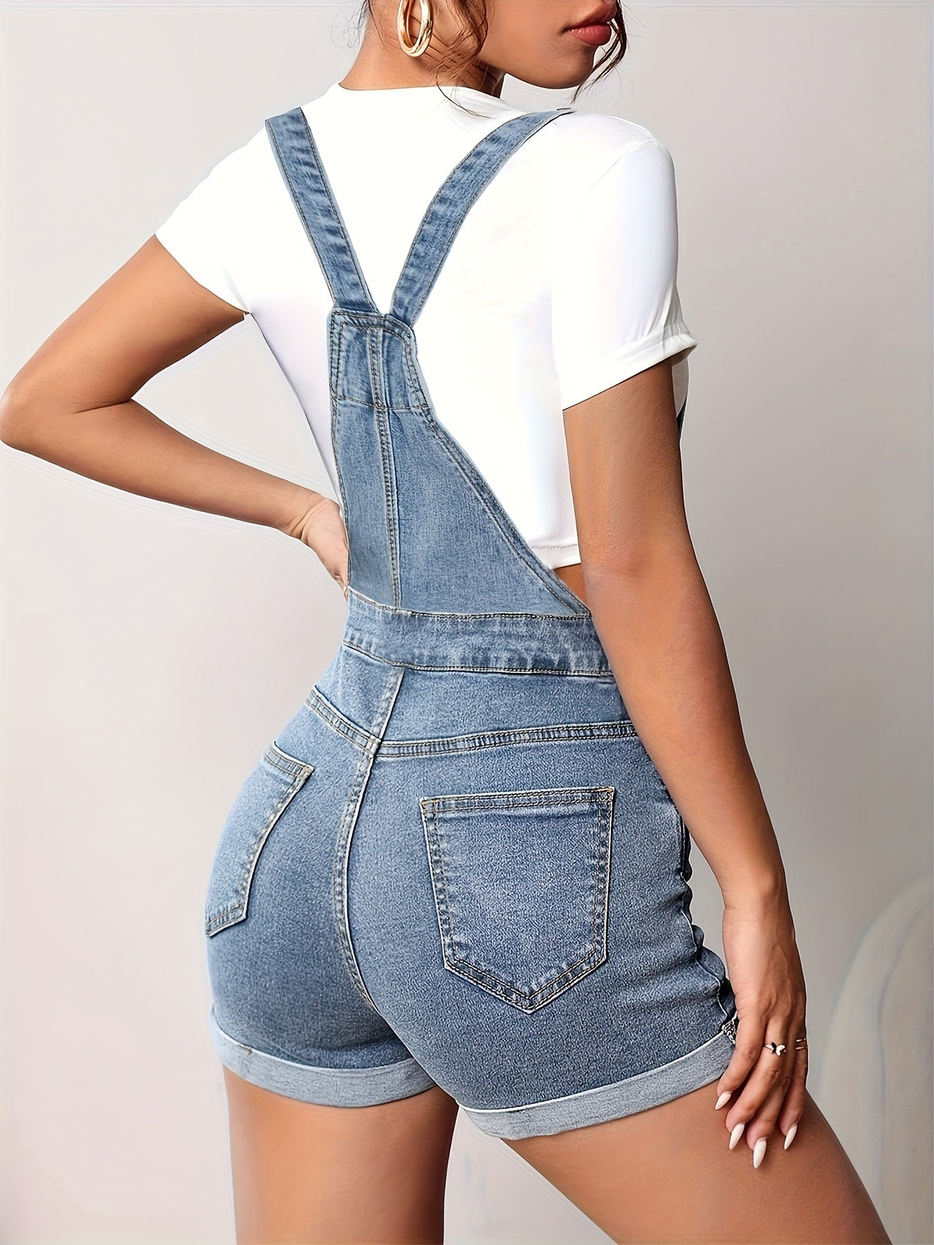 Rolled Hem Slight-Stretch Patch Pockets Casual Denim Jumpsuit