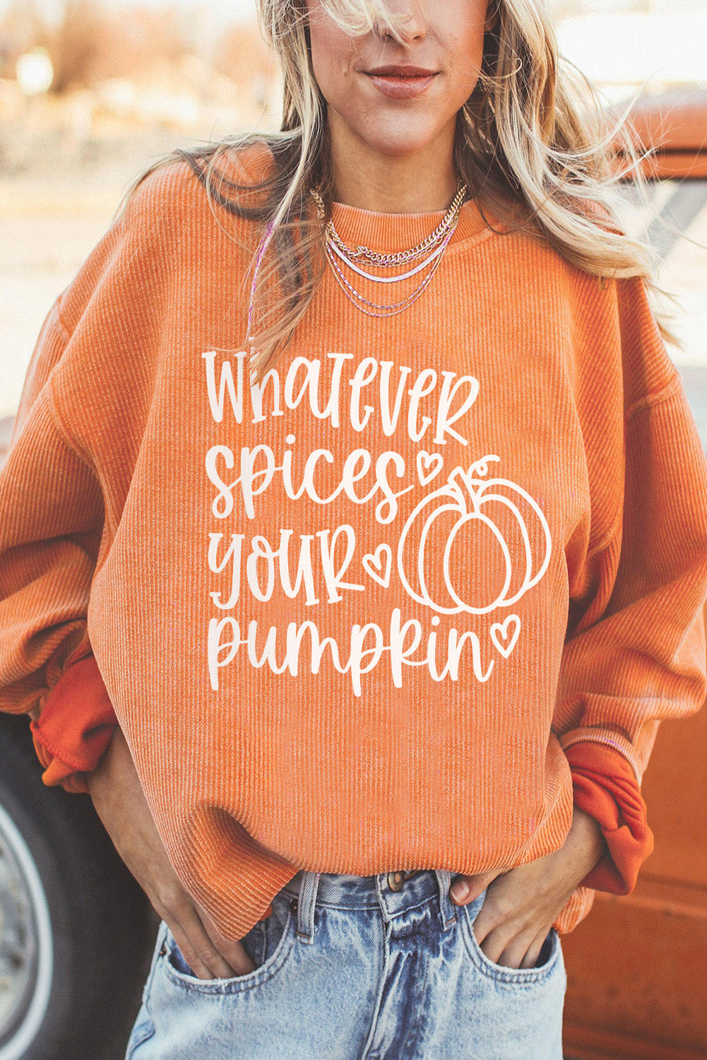 Orange Pumpkin Letter Print Oversized Corduroy Sweatshirt