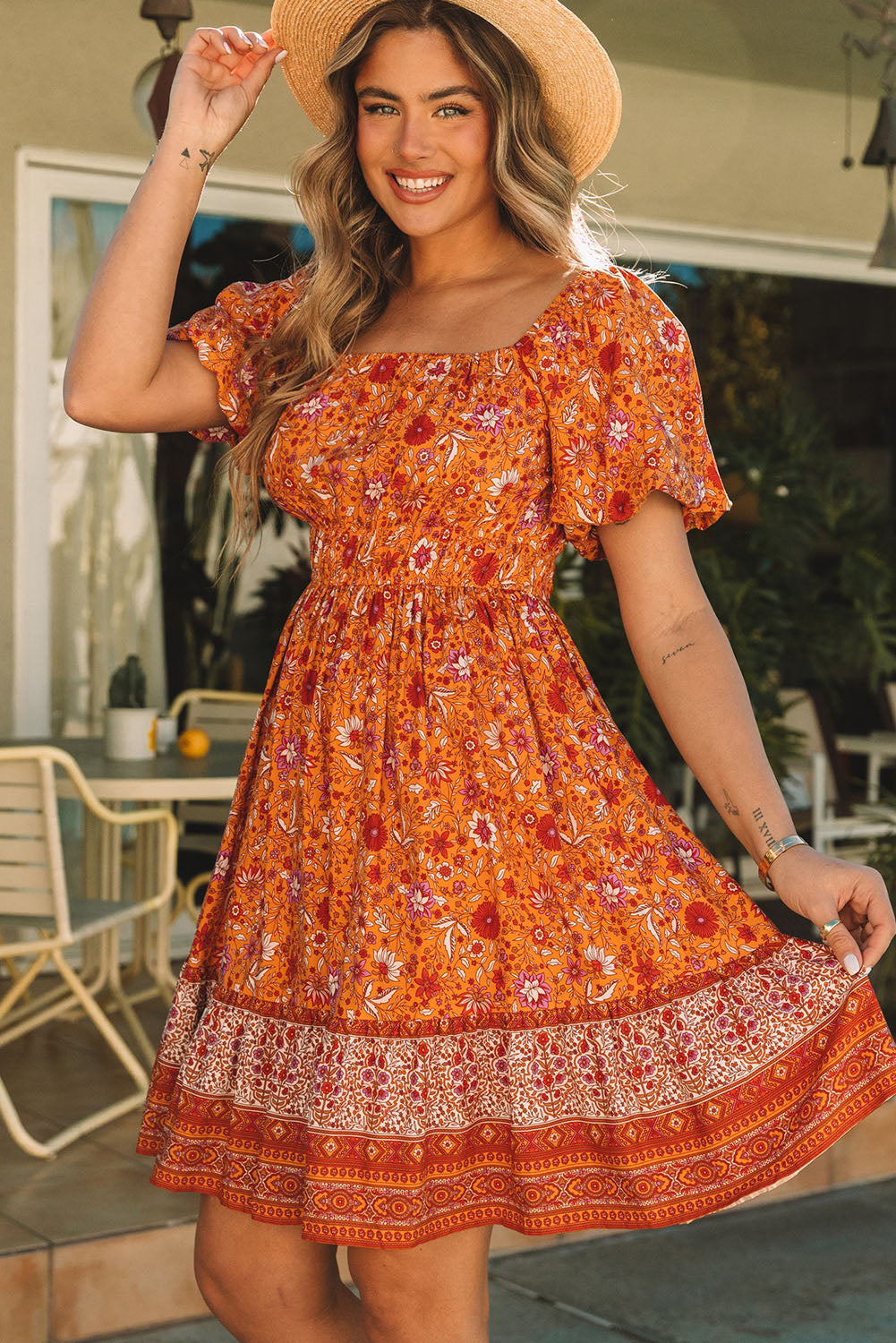 Orange Square Neck Puff Sleeves Flowy Floral Dress