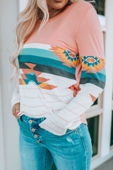 Pink Aztec Stripe Color Block Slim Fit Long Sleeve Top