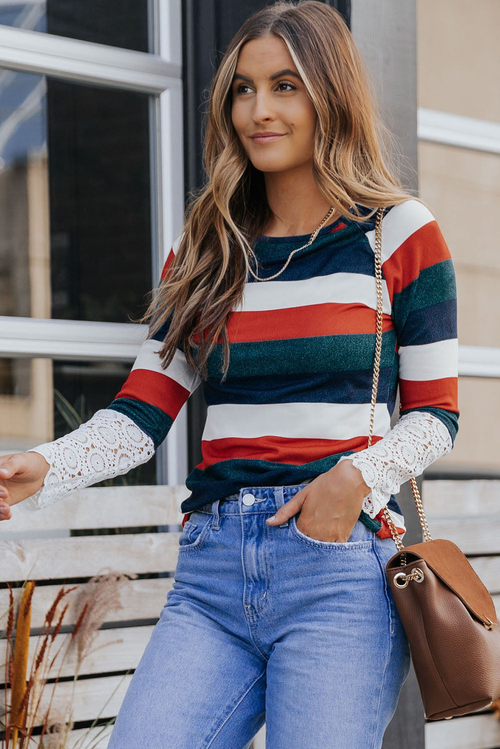 Orange Green Striped Lace Splicing Long Sleeve Top