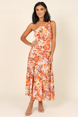 Orange Floral Print Pleated One Shoulder High Waist Maxi Dress