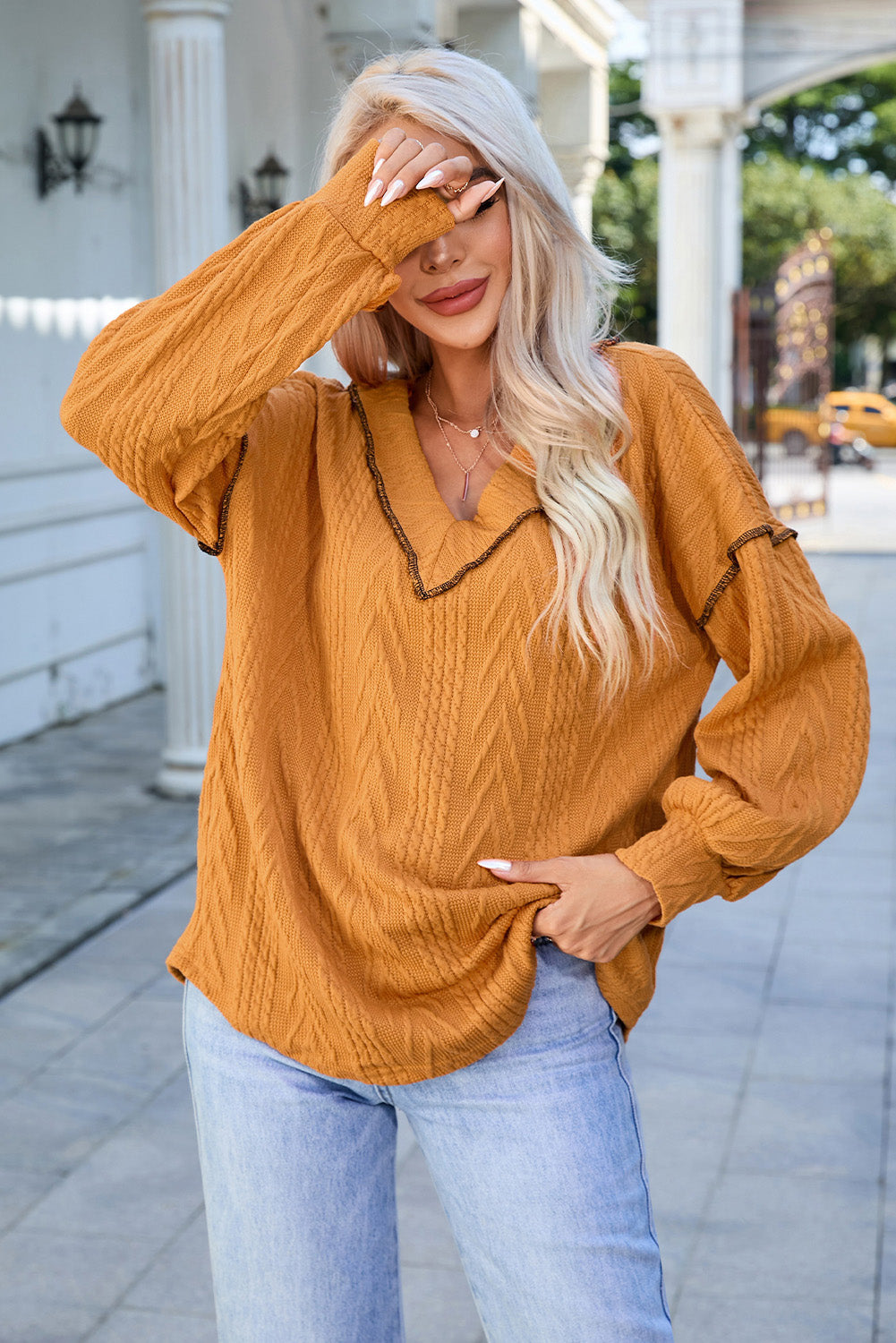 Orange Textured V Neck Long Sleeve Knit Top