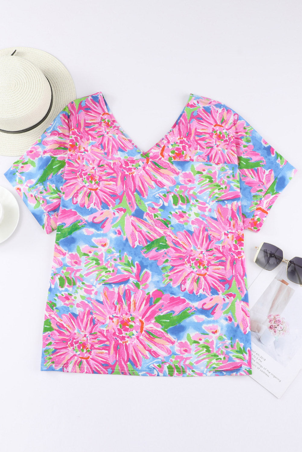 Pink Abstract Floral Print Loose Fit Spaghetti Strap Tank Top