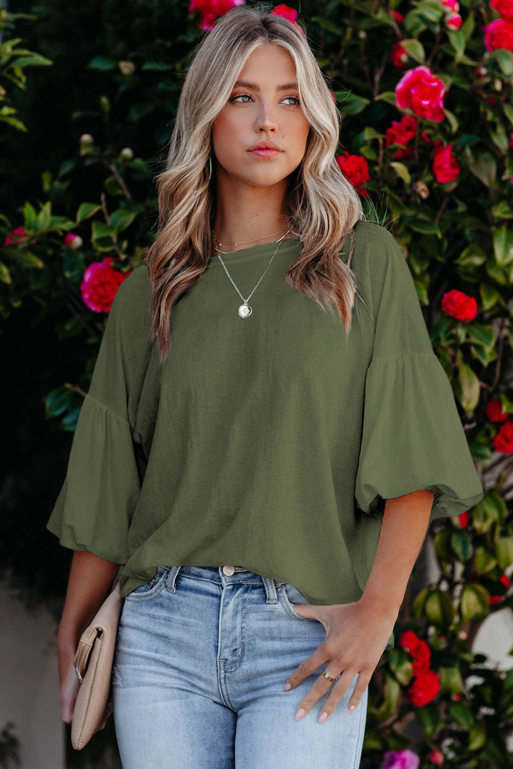 Orange Joint Bubble Sleeve Round Neck Blouse