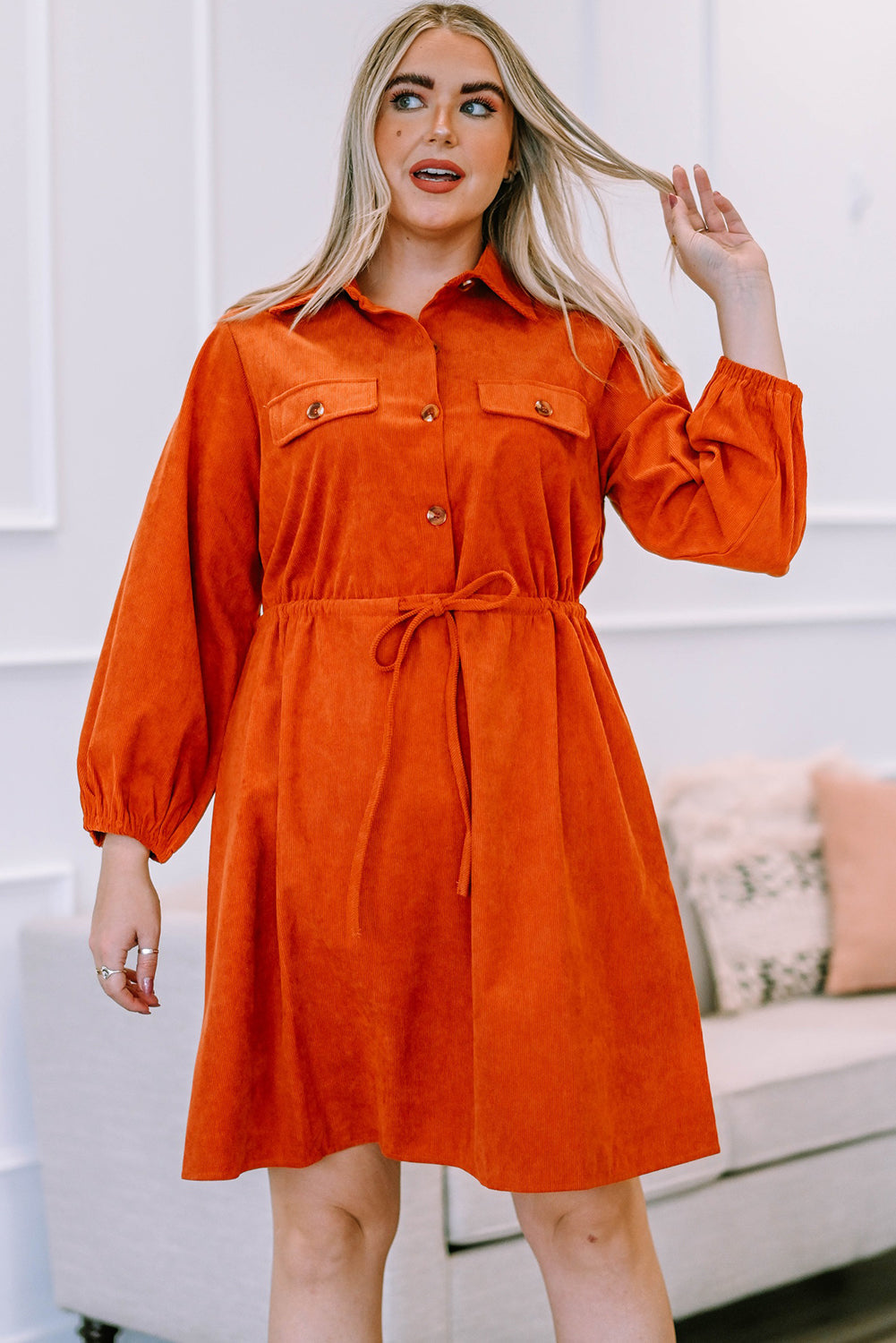 Orange Plus Size High Waist Corduroy Dress