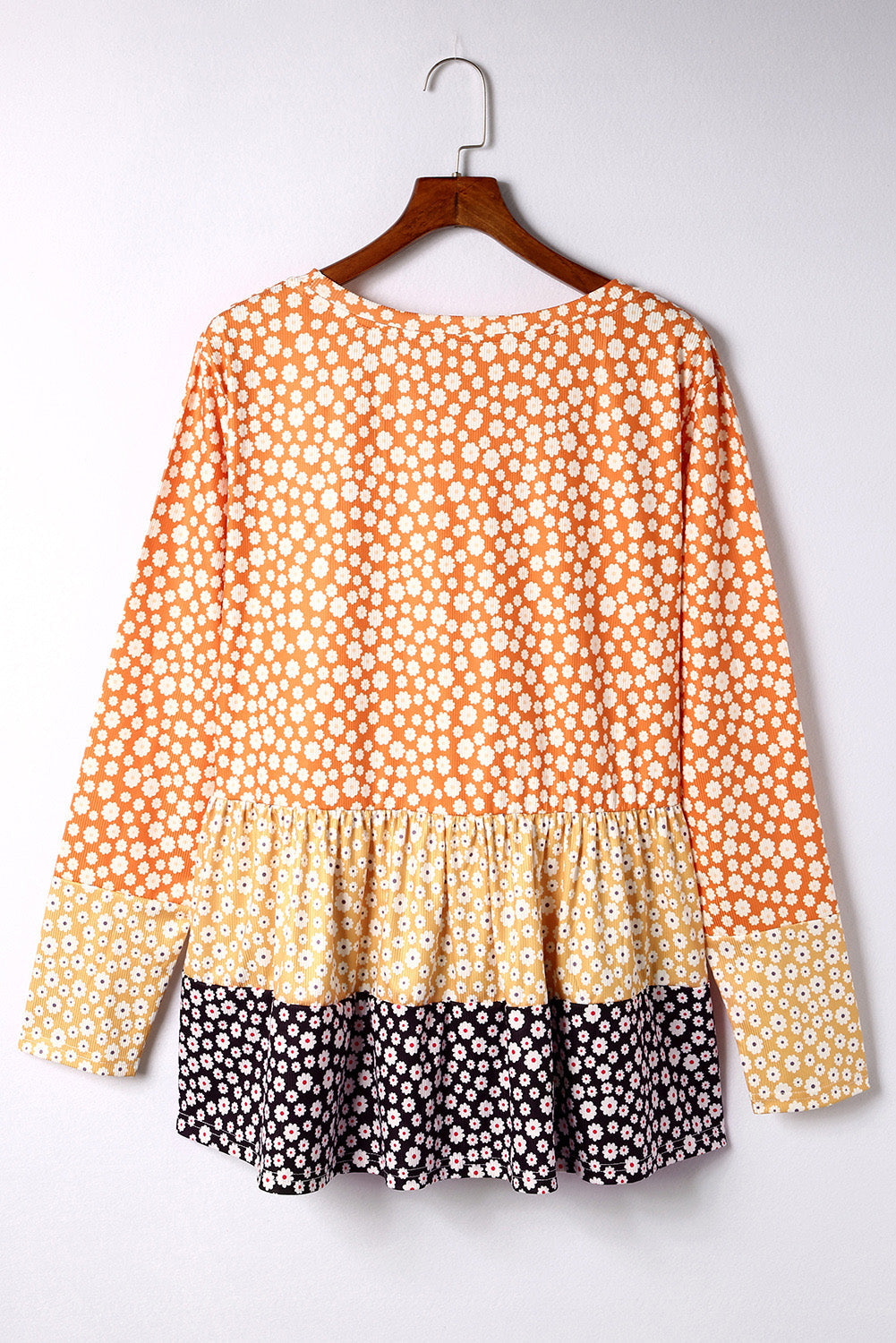 Orange Plus Size Colorblock Blooming Daisy Long Sleeve Flowy Top