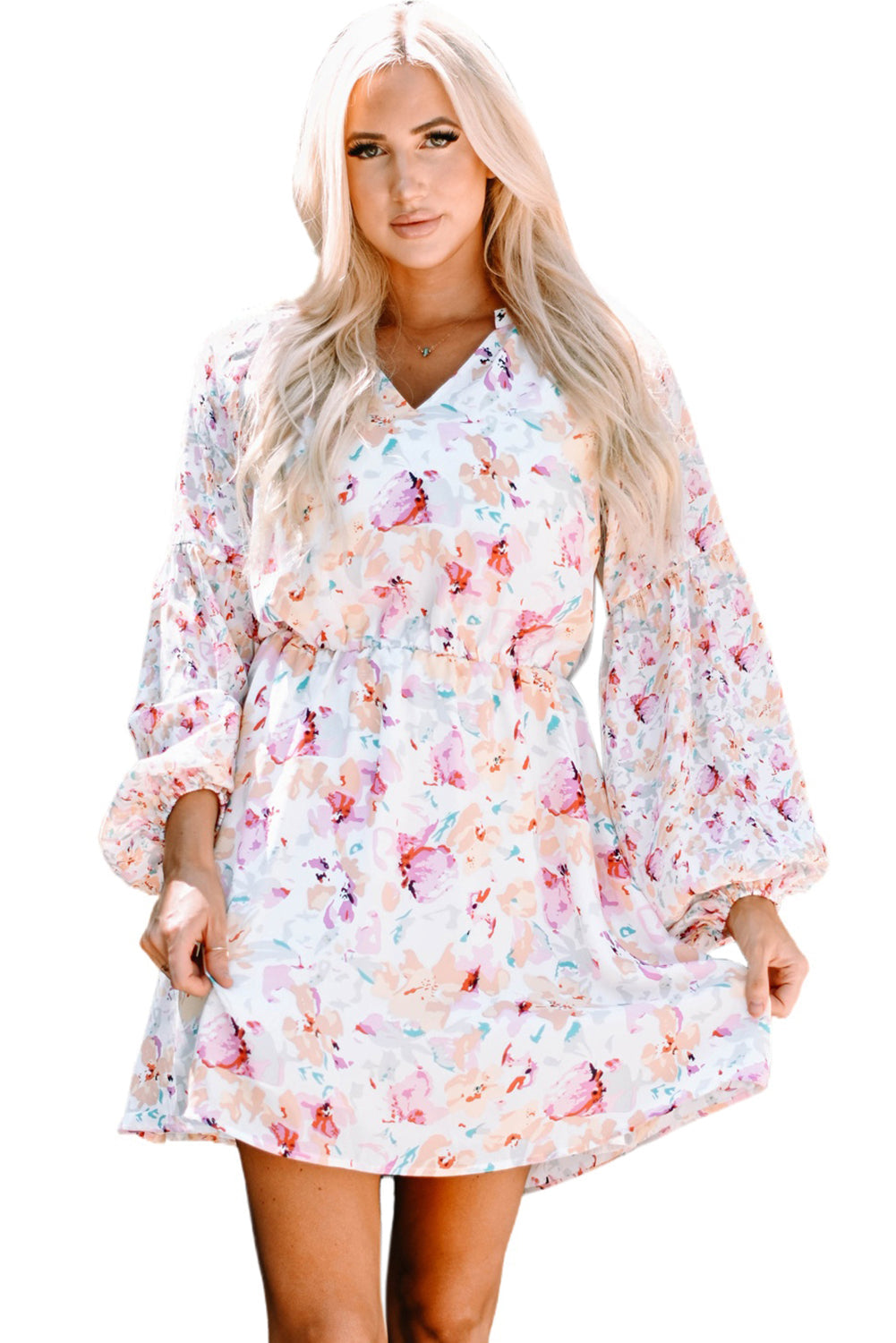 Pink V Neck Bubble Sleeves Floral Dress