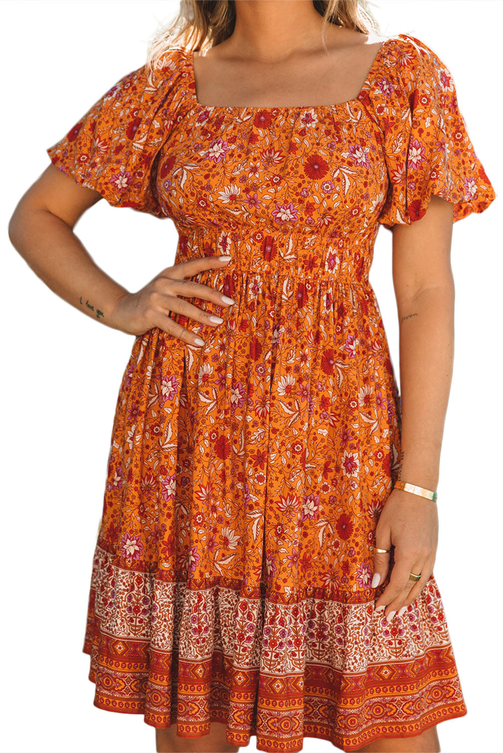 Orange Square Neck Puff Sleeves Flowy Floral Dress