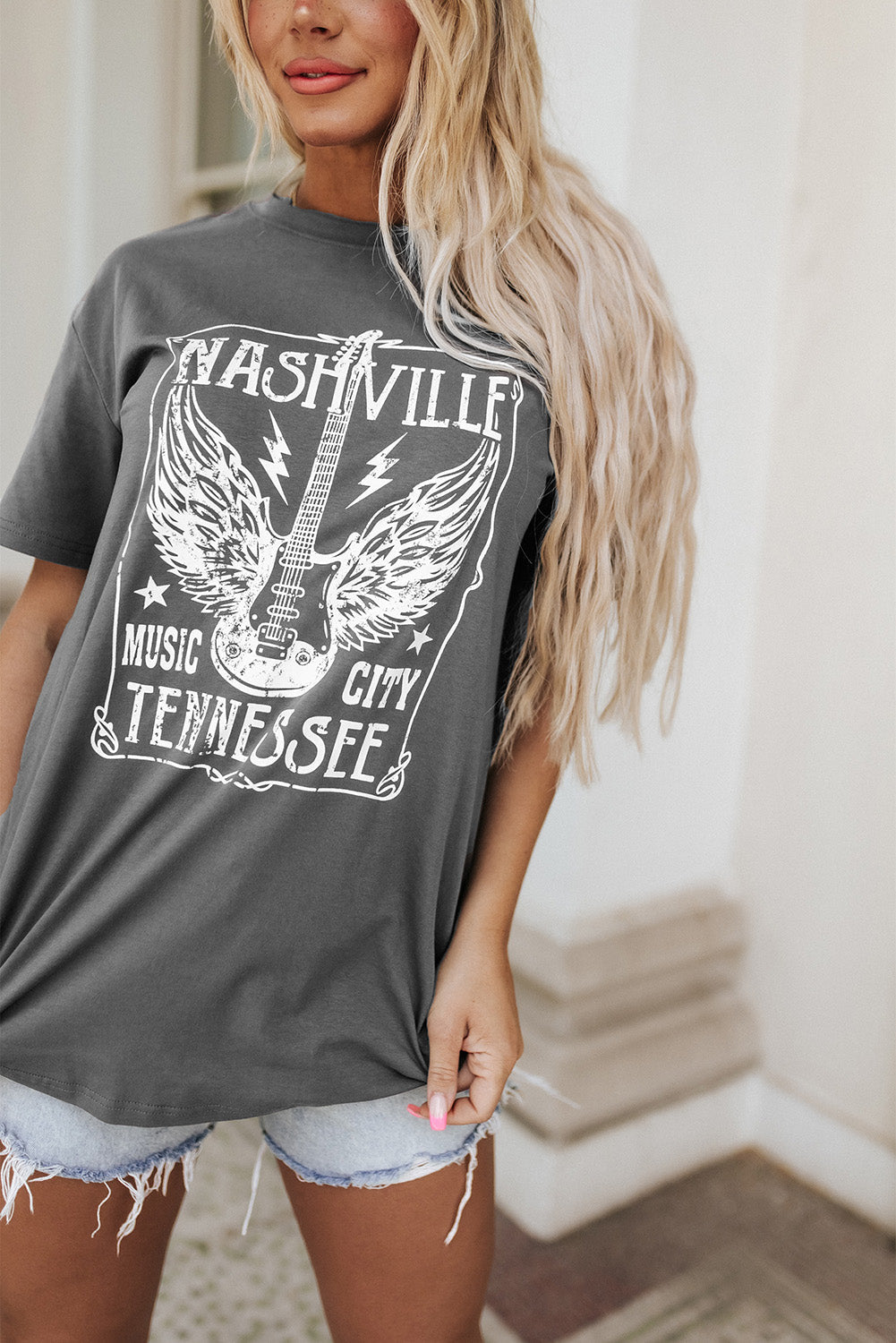 Camiseta extragrande con estampado gráfico de letras y eslogan de guitarra rosa