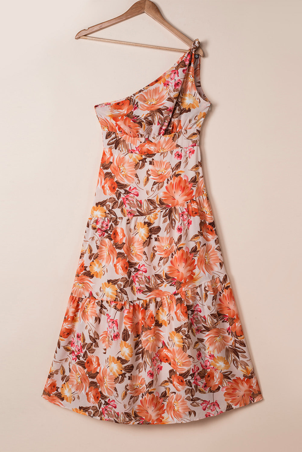 Orange Floral Print Pleated One Shoulder High Waist Maxi Dress