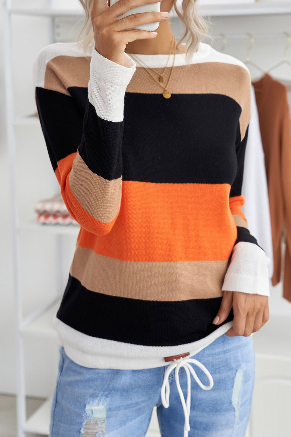 Orange Colorblock Knit Sweater